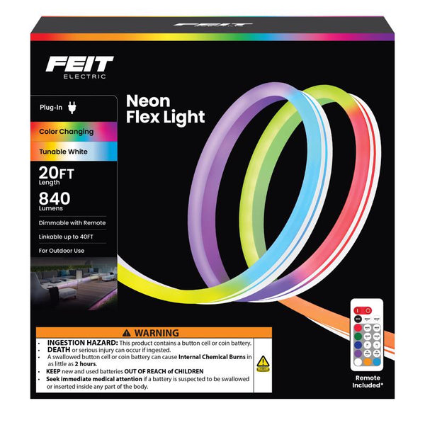 Cinta de luz LED enchufable Feit de 20 pies de largo que cambia de color, paquete de 1