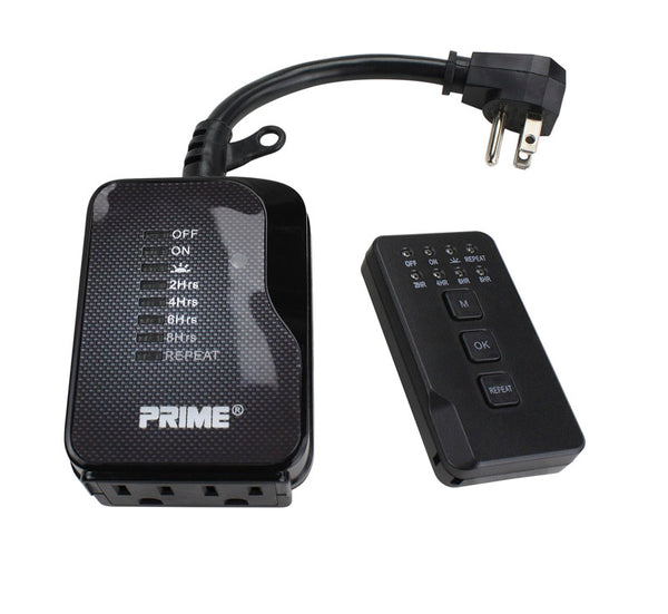 Temporizador para exteriores Prime con control remoto y tomas de tierra de 12 V, color negro