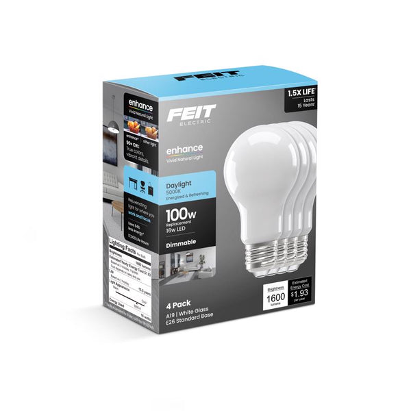 Bombilla LED Feit A19 E26 (mediana), luz diurna, equivalente a 100 vatios, paquete de 4