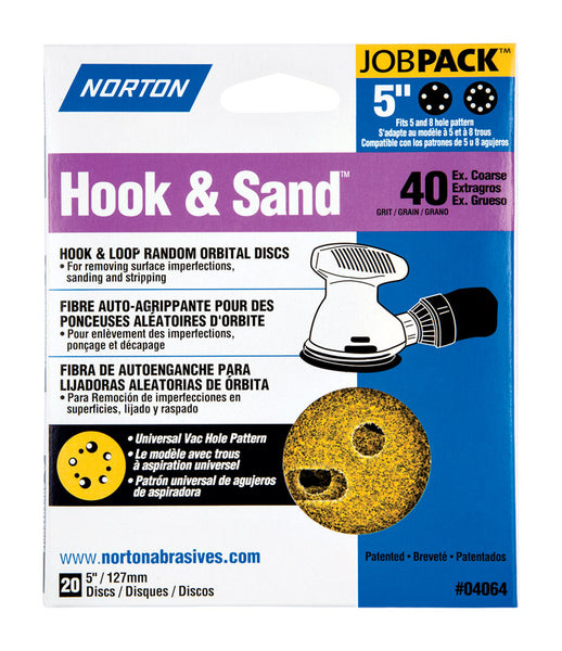 Disco de lijado con gancho y bucle de óxido de aluminio de 5 in Norton Hook & Sand A250/A290, grano 40, extra grueso 20