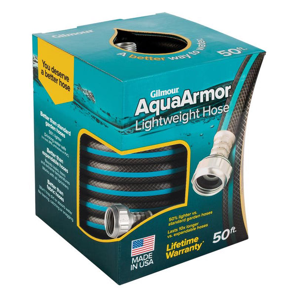 Manguera de jardín ligera extensible Gilmour AquaArmor de 1/2 pulg. de diámetro y 50 pies de largo - Caja abierta