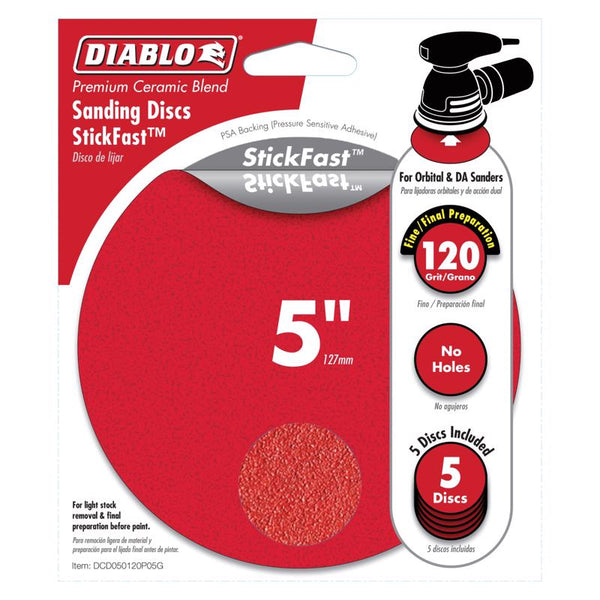 Disco de lijado adhesivo de mezcla de cerámica Diablo StickFast de 5 in, grano 120, paquete de 5