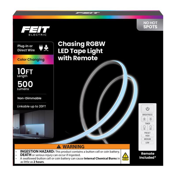 Cinta de luz LED enchufable Feit de 10 pies de largo que cambia de color, paquete de 1
