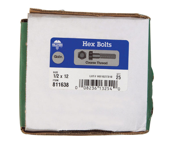 HILLMAN 1/2 in. D X 12 in. L Hot Dipped Galvanized Steel Hex Bolt 25 pk
