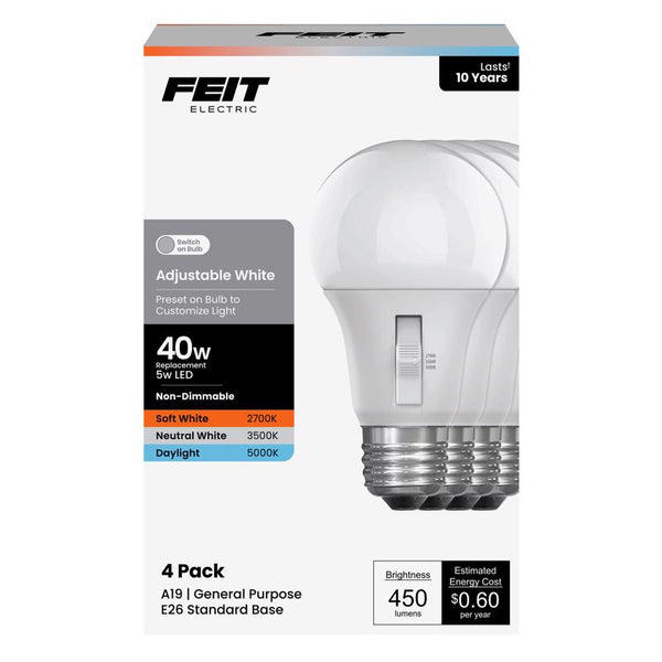 Bombilla LED Feit A19 E26 (mediana), blanca ajustable, equivalente a 40 vatios, paquete de 4