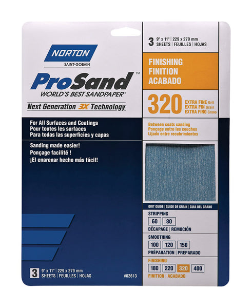 Papel de lija de óxido de aluminio Norton ProSand de 11 pulg. de largo y 9 pulg. de ancho, grano 320, paquete de 3