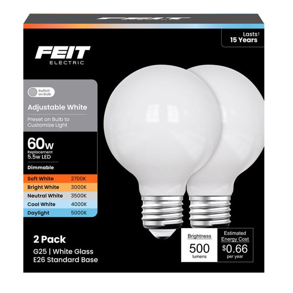 Bombilla LED Feit G25 E26 (mediana), blanca ajustable, equivalente a 60 vatios, paquete de 1
