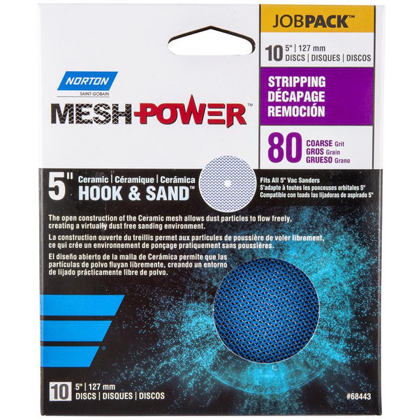 Disco de lijado de malla con gancho y bucle de cerámica Norton MeshPower de 5 pulgadas, grano 80, paquete de 10