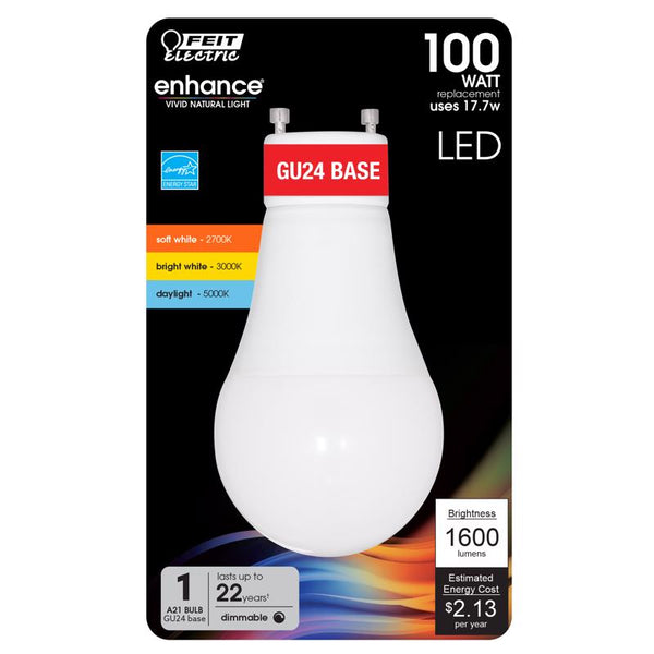 Bombilla LED Feit A21 GU24 ajustable blanca, equivalente a 100 vatios, paquete de 1