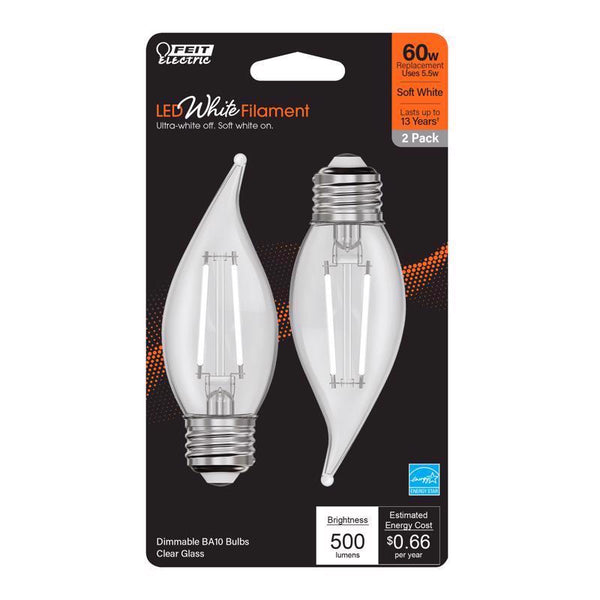 Bombilla LED de filamento blanco Feit BA10 E26 (mediana), equivalente a 60 vatios, paquete de 2