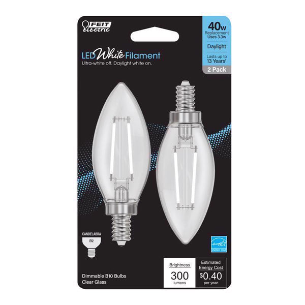 Bombilla LED de filamento blanco Feit B10 E12 (candelabro), equivalente a luz diurna de 40 vatios, paquete de 2