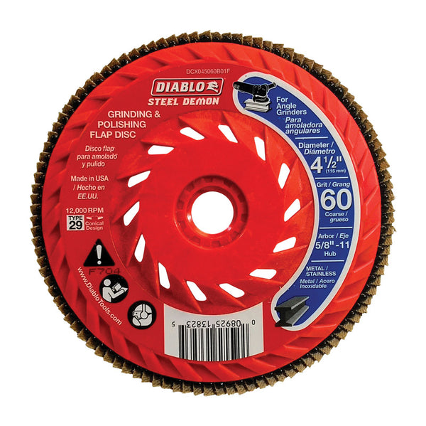 Disco de láminas Diablo Steel Demon de 4-1/2 pulg. de diámetro exterior y 5/8 pulg. de zirconia con eje de velocidad, grano 60, paquete de 1