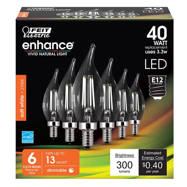 Feit Enhance CA10 (Flame Tip) E12 (Candelabra) Filament LED Bulb Soft White 40 Watt Equivalence 6 pk