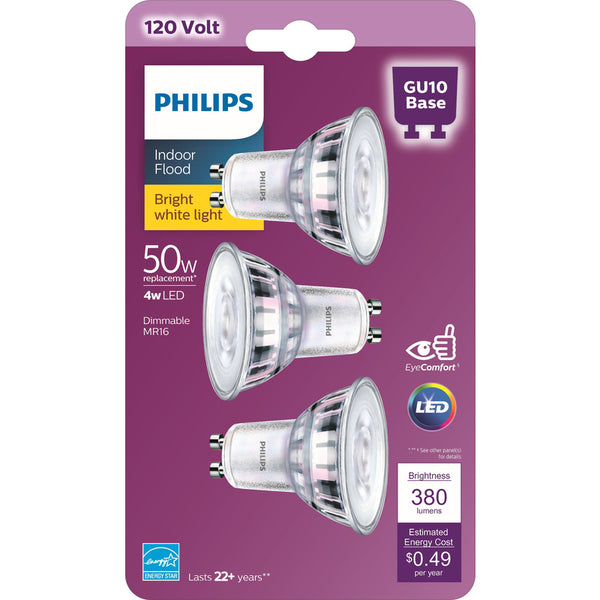 Bombilla LED GU10 MR16 de Philips, blanca brillante, equivalente a 50 vatios, paquete de 3