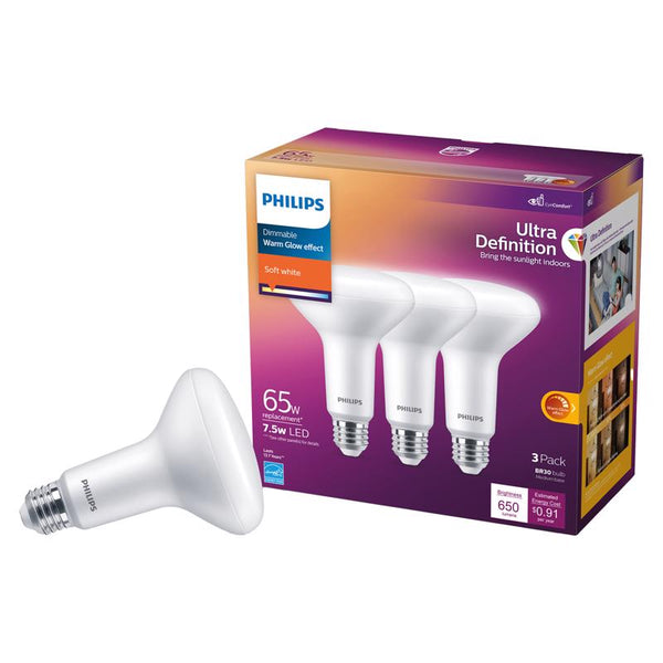 Bombilla LED Philips BR30 E26 (mediana), luz blanca suave, equivalente a 65 vatios, paquete de 3