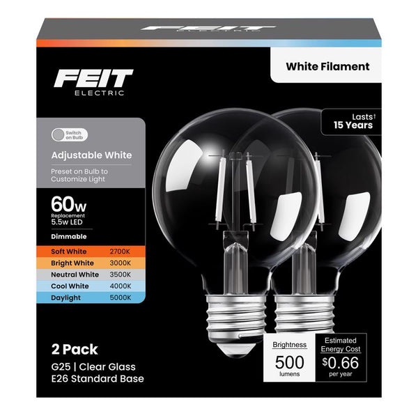 Bombilla LED Feit G25 E26 (mediana), blanca ajustable, equivalente a 60 vatios, paquete de 1