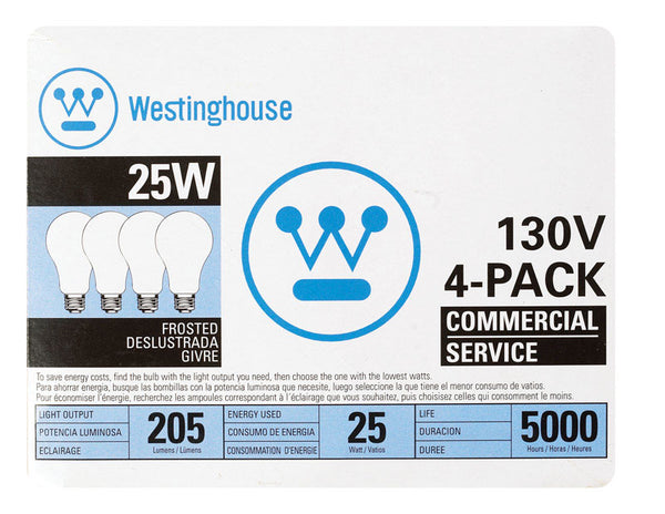 Bombilla incandescente Westinghouse A-Line A19 de 25 W, E26 (mediana), blanca, paquete de 4