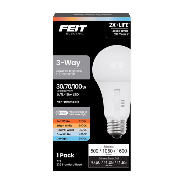 Bombilla LED Feit A19 E26 (mediana), blanca ajustable, equivalente a 100 vatios, paquete de 1