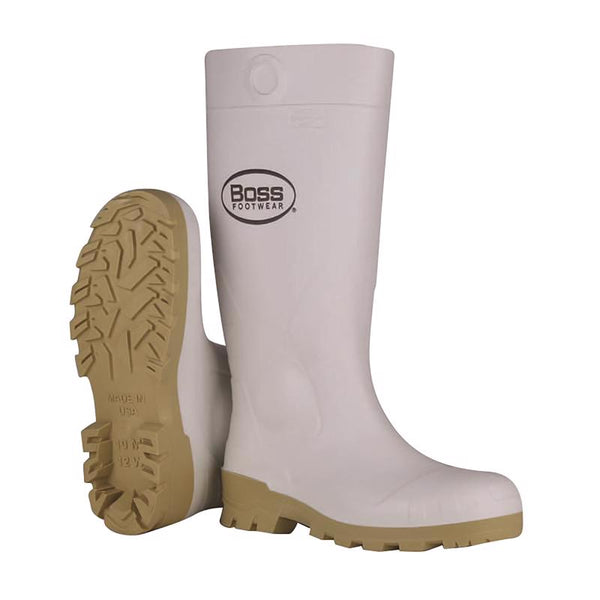 Botas lisas unisex de PVC Boss, color blanco, talla 8 EE. UU., impermeables, 1 par, 16 pulgadas.