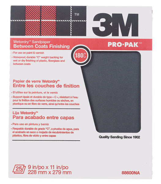 Papel de lija de carburo de silicio de grano 180 de 3M Pro-Pak de 11 pulg. de largo y 9 pulg. de ancho, paquete de 25