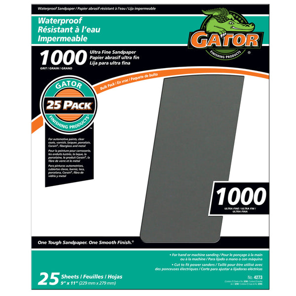 Papel de lija Gator de carburo de silicio resistente al agua, grano 1000, 11 pulgadas de largo x 9 pulgadas de ancho, paquete de 1 (paquete de 25)