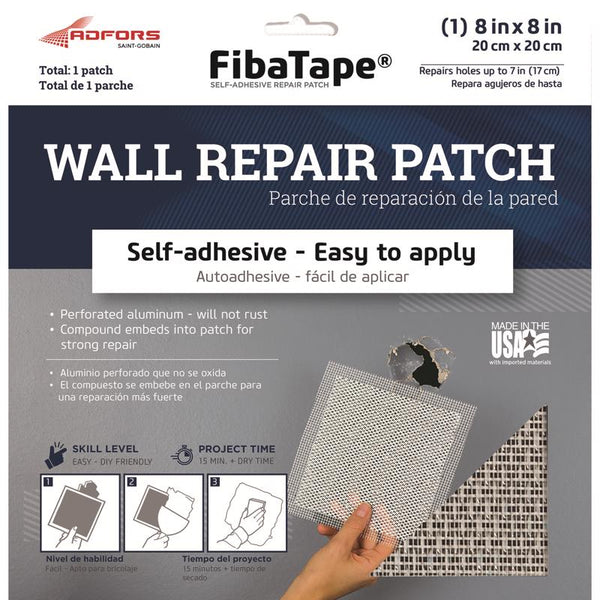 Parche autoadhesivo para reparación de paredes Saint-Gobain ADFORS FibaTape de 8 pulg. de largo x 8 pulg. de ancho, malla de fibra de vidrio, color blanco