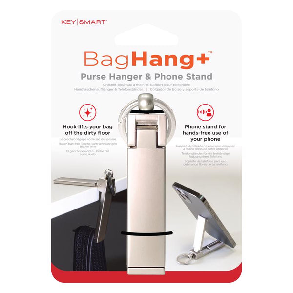 KeySmart BagHang Plus Gancho plateado para sujetar bolso, teléfono celular y actúa como soporte Soporte para teléfono para todos los teléfonos inteligentes