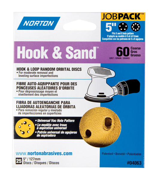Disco de lijado con gancho y bucle de óxido de aluminio de 5 in de Norton Hook & Sand A250/A290, grano grueso 60, paquete de 25