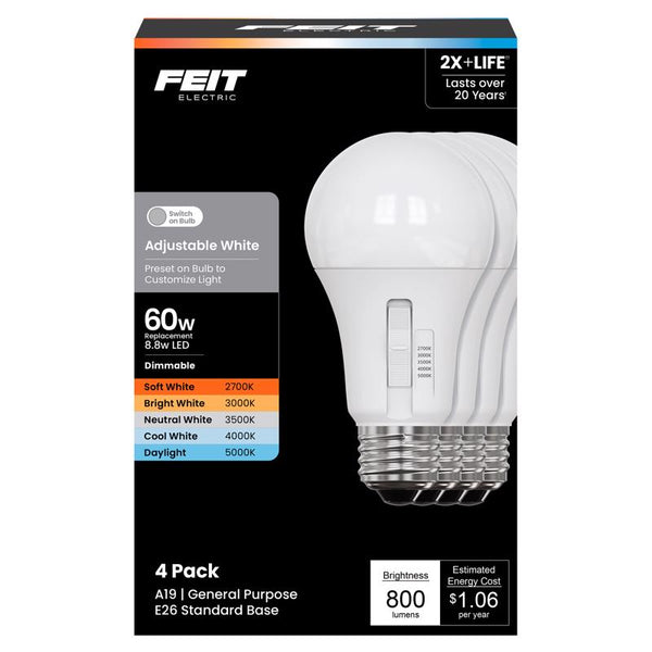 Bombilla LED Feit A19 E26 (mediana), blanca ajustable, equivalente a 60 vatios, paquete de 4