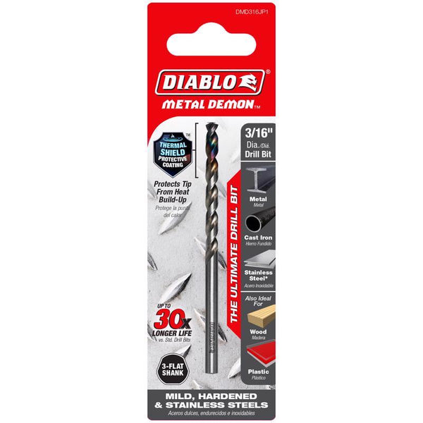 Broca para metal Diablo Metal Demon de 3/16 pulg. x 3,4 pulg. de largo, vástago de 3 caras, 1 pieza