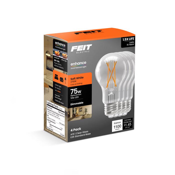 Bombilla LED de filamento Feit A19 E26 (mediana), color blanco suave, equivalente a 75 vatios, paquete de 4