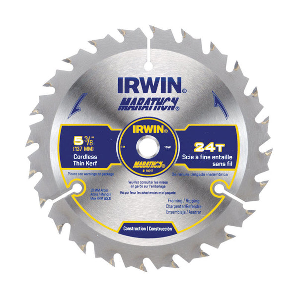 Hoja de sierra circular de carburo Irwin Marathon de 5-3/8 pulg. DX de 10 mm, 24 dientes, paquete de 1