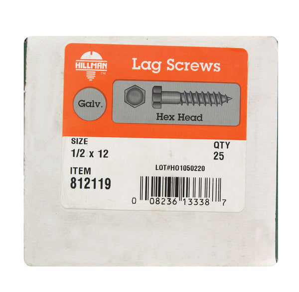 HILLMAN 1/2 in. X 12 in. L Hex Hot Dipped Galvanized Steel Lag Screw 25 pk