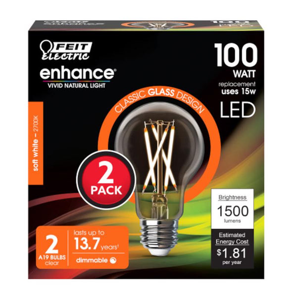 Feit Enhance A19 E26 (Medium) Filament LED Bulb Daylight 100 Watt Equivalence 2 pk