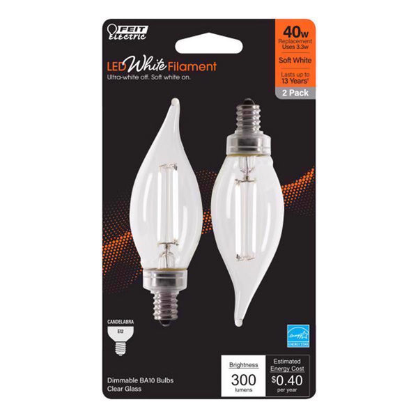 Bombilla LED de filamento blanco Feit BA10 E12 (candelabro), equivalente a 40 vatios, blanco suave, paquete de 2