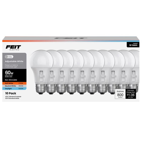 Bombilla LED Feit A19 E26 (mediana), blanca ajustable, equivalente a 60 vatios, paquete de 10