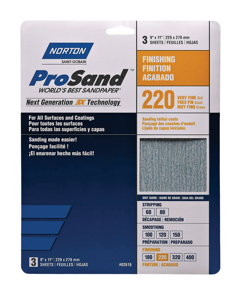 Papel de lija de óxido de aluminio Norton ProSand de 11 pulg. de largo y 9 pulg. de ancho, grano 220, paquete de 3