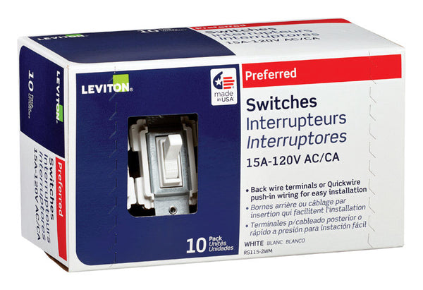 Interruptor de palanca silencioso de CA Leviton de 15 amperios, color blanco, paquete de 10