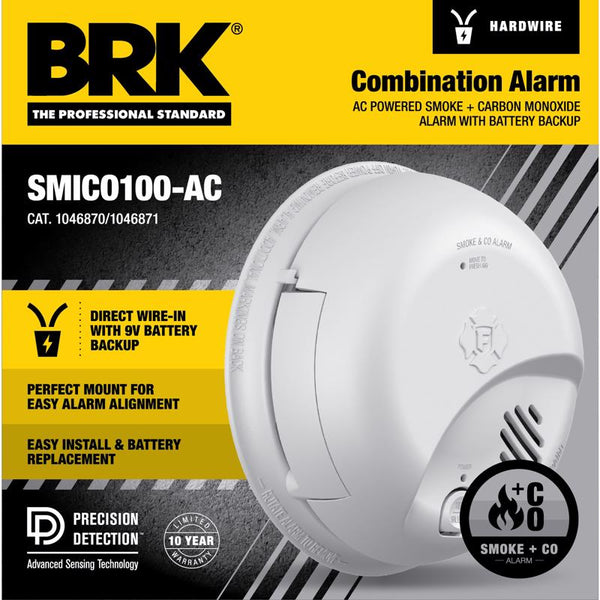 Detector de humo y monóxido de carbono por ionización con batería de respaldo y cableado BRK