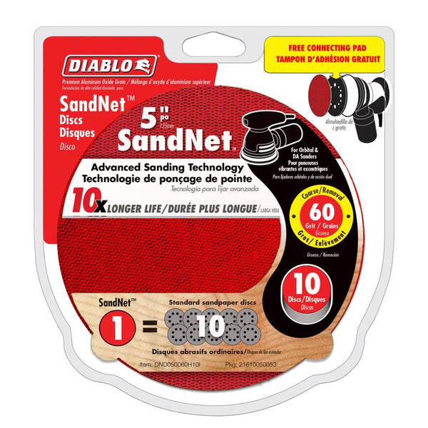 Disco de lijado con gancho y bloqueo de mezcla de cerámica de 5 pulgadas Diablo SandNet, grano grueso 60, paquete de 10