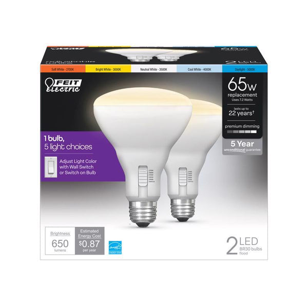 Bombilla LED Feit BR30 E26 (mediana), blanca ajustable, equivalente a 65 vatios, paquete de 2