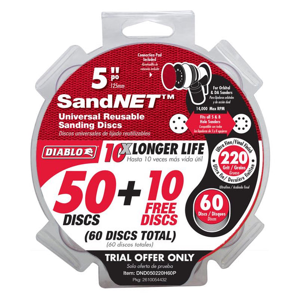 Disco de lijado de óxido de aluminio Diablo SandNet de 5 pulg. de largo y 5 pulg. de ancho, grano 220, paquete de 60