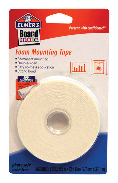 Cinta de montaje de doble cara Boardmate de Elmer, de 0,5 pulg. de ancho x 12,5 pies de largo, color blanco