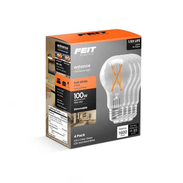 Bombilla LED de filamento Feit A19 E26 (mediana), luz blanca suave, equivalente a 100 vatios, paquete de 4