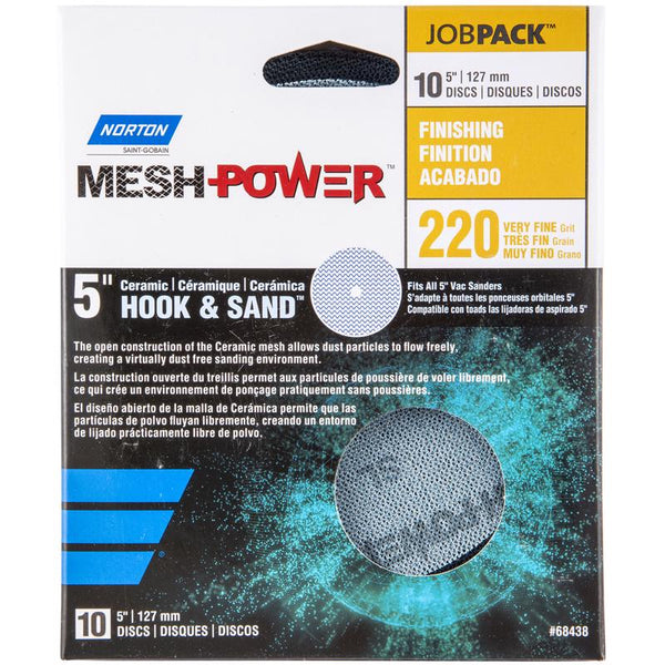 Disco de lijado de malla con gancho y bucle de cerámica Norton MeshPower de 5 in, grano 220, muy fino, paquete de 10