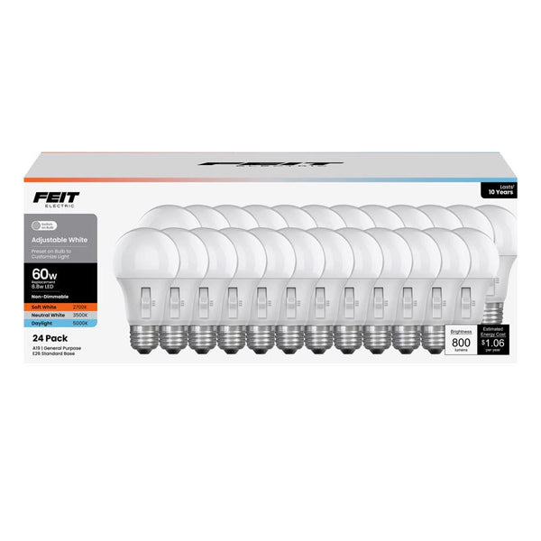 Bombilla LED Feit A19 E26 (mediana), blanca ajustable, equivalente a 60 vatios, paquete de 24