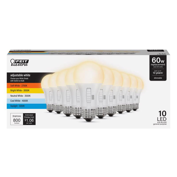 Bombilla LED Feit A19 E26 (mediana), blanca ajustable, equivalente a 60 vatios, paquete de 10