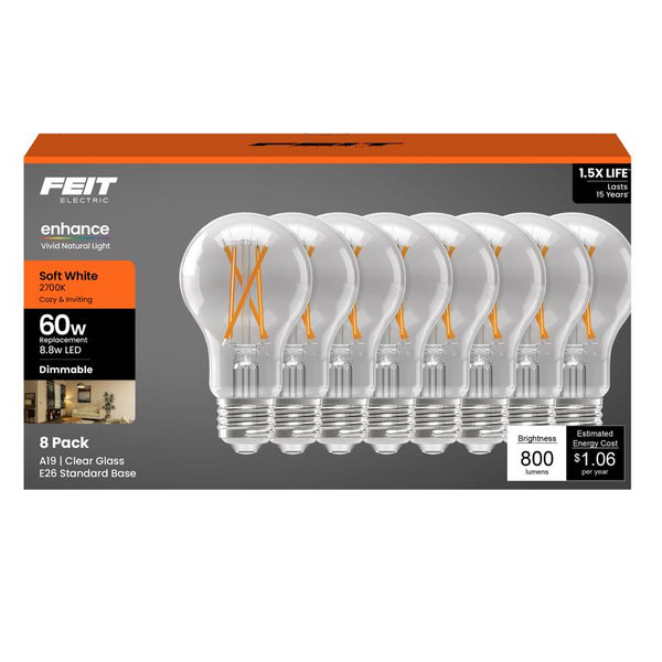 Bombilla LED de filamento Feit A19 E26 (mediana), color blanco suave, equivalente a 60 vatios, paquete de 8