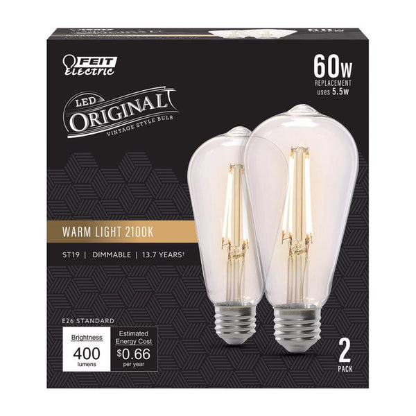 Bombilla LED de filamento ST19 E26 (mediana) de Feit, luz cálida tipo vela, equivalente a 60 vatios, paquete de 2