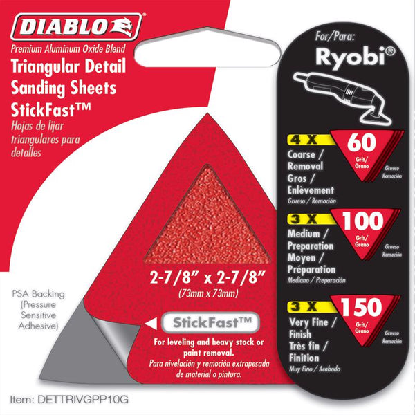 Triángulo de lijado de detalles de óxido de aluminio de grano variado de 2-7/8 pulg. LX 2-7/8 pulg. W de Diablo, paquete de 10